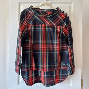 J. Crew Funnelneck shirt in Stewart tartan with jeweled buttons.
